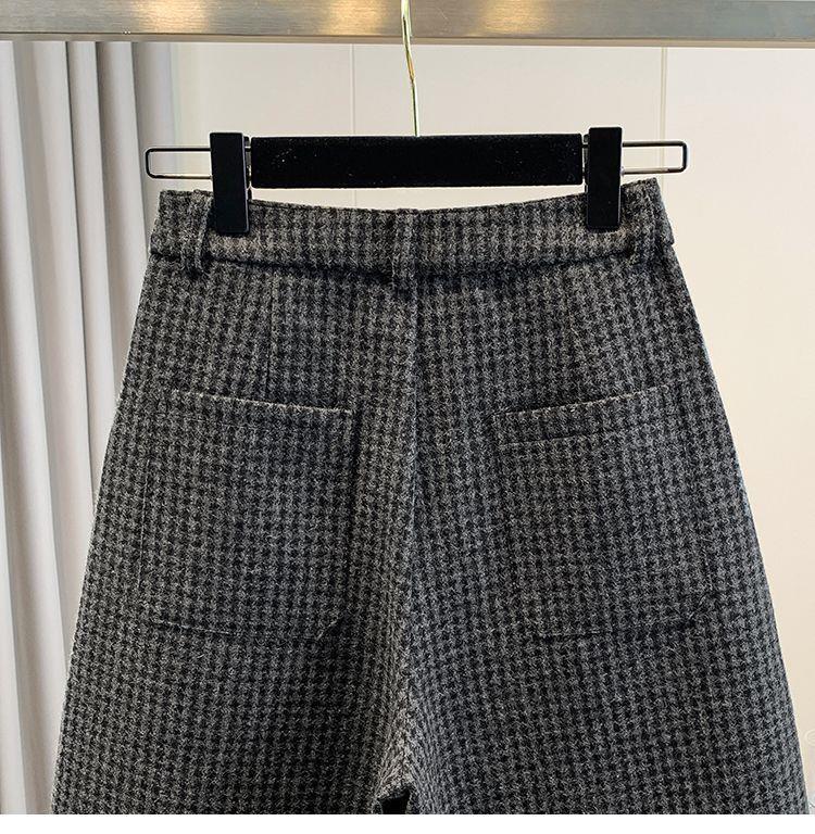 Women's Retro Houndstooth Wool Wide-Leg Pants: Thick, Plus-Size, Elastic High Waist - Winter Casual Versatile Straight Style