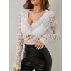 Women's Elegant V-neck Scalloped Neck Edge Solid Color Long Sleeve Slim Slim Pullover Lace Top