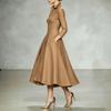 Women's Elegant V-Neck Satin Long Sleeve Dress with Waist Tie for Fall Winter