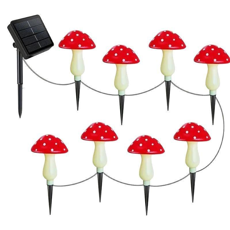 Solar LED Mushroom String Lights - Waterproof Outdoor Garden Decor with Ground Plug