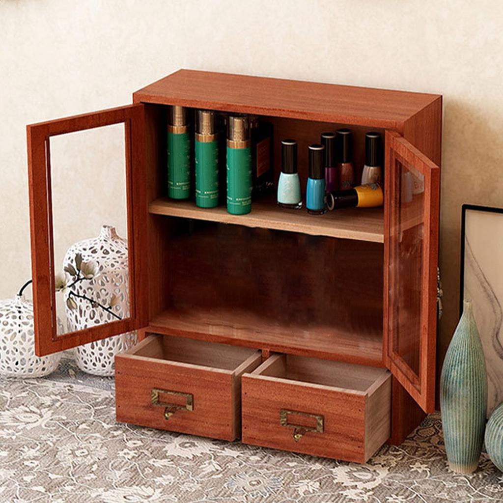 Houten bureaukastje met dubbele deur en lades, retro houten sieradendoosje met heldere nerf voor parfumflesjes.