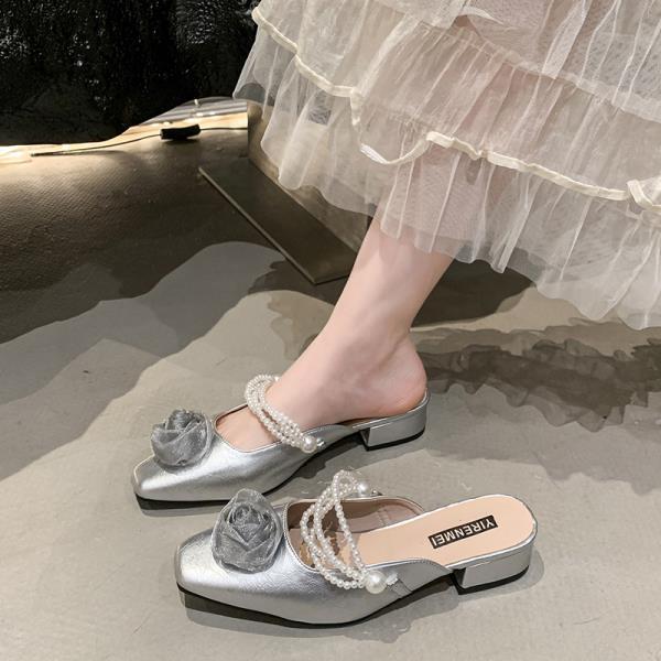 Fashion Mules For Women 2025 String Bead Square heel Cover Toe Low High-Heeled Shoes Lady Flower Ladies' Slippers Block Slides Floral