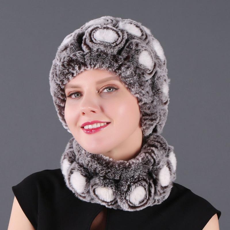 Rex Rabbit Rose Hat and Flower Scarf Set Specializing in the production of Rex Rabbit Scarf Hat Two-piece Adult Hat