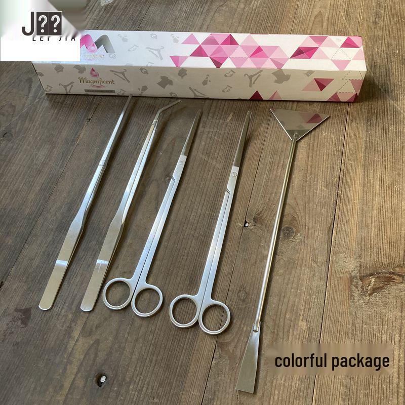 Aquatic Plant Tool Set: Stainless Steel Tweezers, Scissors, Sand Shovel, Sand Polisher, Mirror Black, 5-Piece.