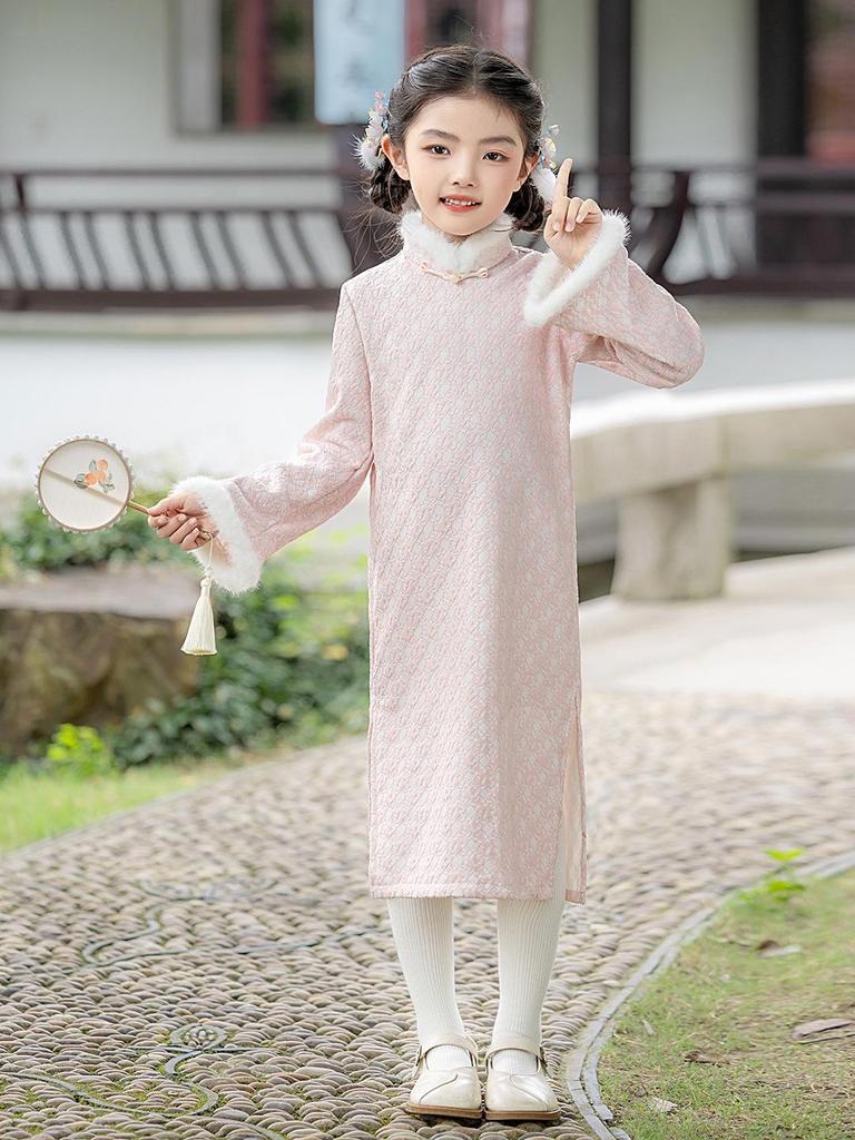 2025 Winter Velvet Pink Cheongsam Shawl Dress - Tang Suit Princess Style New Year's Outfit