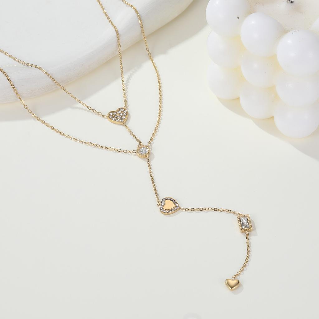 NIMAI 18K Gold PVD Waterproof Stackable Multi-layers CZ Heart Stainless Steel Y Necklace for Women Fashion Jewelry