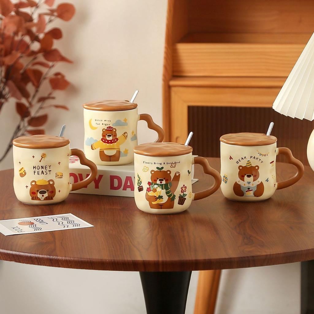 Creative and Cute Bear Mugs with LIDS Couple Cups with High Appearance Standards  Ceramic Cups Home Drinking Cups  Office Coffee Cups
