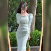 Women Spring Dress Square Neck Long Sleeve Slim Fit Tight Waist Pure Color Split Retro Elegant Lady Midi Dress