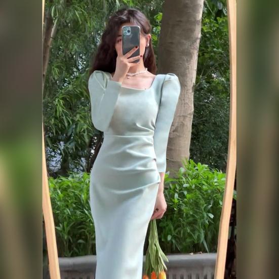 Women Spring Dress Square Neck Long Sleeve Slim Fit Tight Waist Pure Color Split Retro Elegant Lady Midi Dress