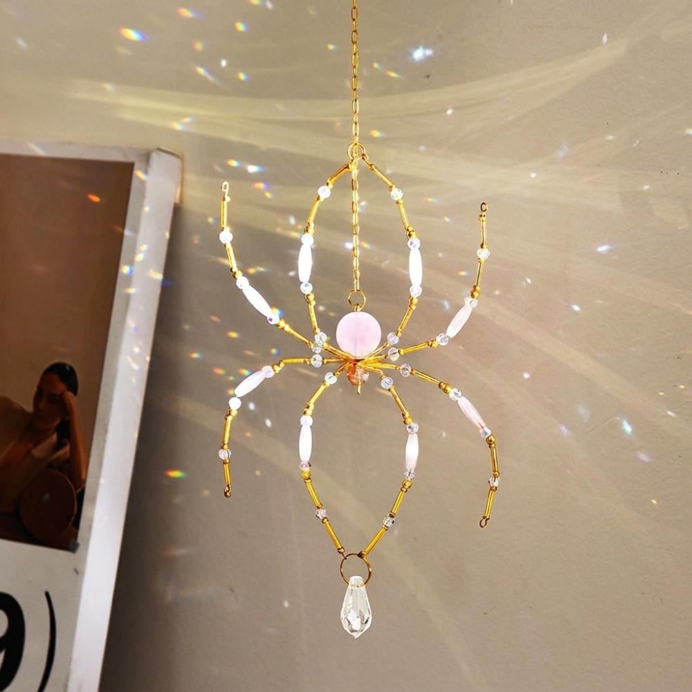 Eight-Leg Spider Shape Crystal Spider Sun Catcher Beaded Wire Gold-Tone Chain Window Hanging Spider Decor Light Refracting