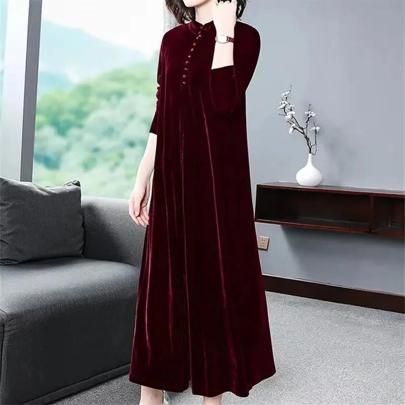 Women's Plus Size Dress Long Gold Velvet Dress Loose Retro Solid A-Line Dress Spring Autumn