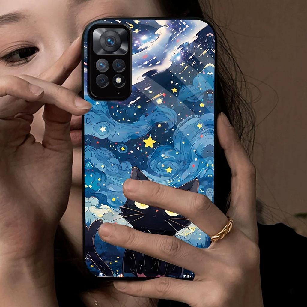 Case for Xiaomi Redmi Note 12 Pro 4G 11S 11 5G Anime Black Cat Starry Cloud Print Phone Cover Acrylic Hard Back Shell With Flexible TPU Edge