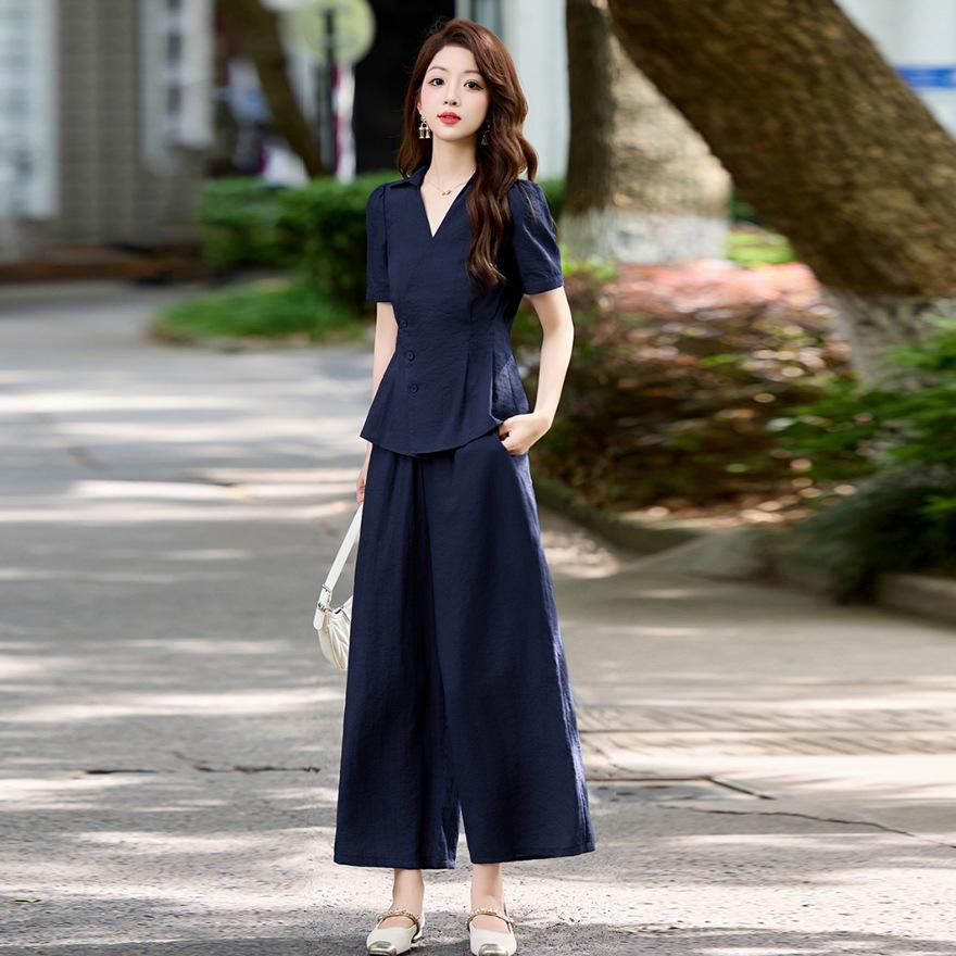 Design Sense Fashion Suit Women's  New Temperament Waist Thin Short-sleeved Shirt Wide-leg Pants Two-piece Set