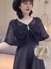 Women's Fashion Knitted Shawl, Cheongsam Dress, and Wave Cardigan Set