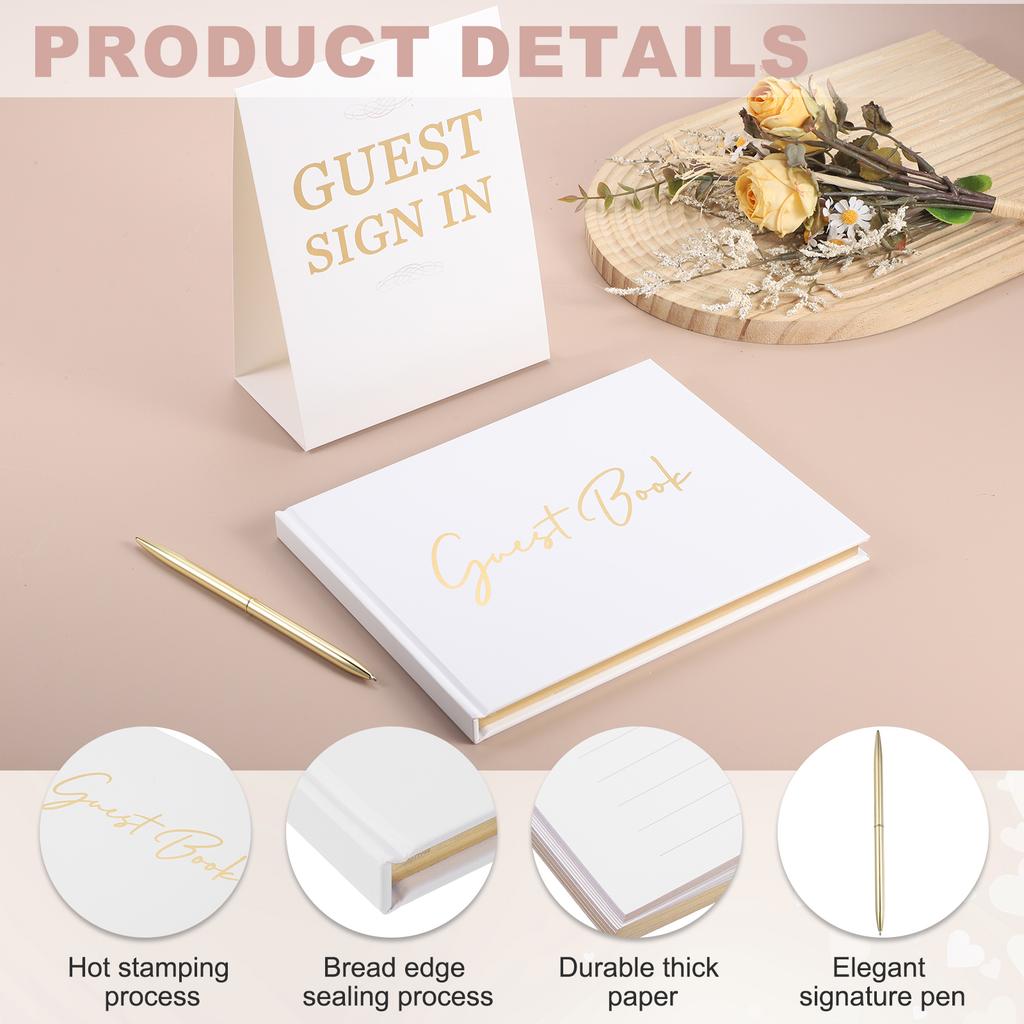9x7" Signature Guest Book Elegant Wedding Guestbook Memory Book with Diamond Signing Pen and Greeting Card for Wed Birthday