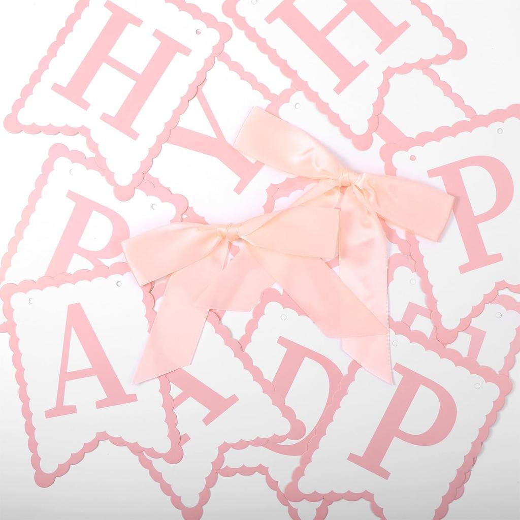 JIEYAO Pink Bow Happy Birthday Banner, Coquette Birthday Garland with Scalloped Letters for Bow Birthday Decorations Women Cake Smash Party
