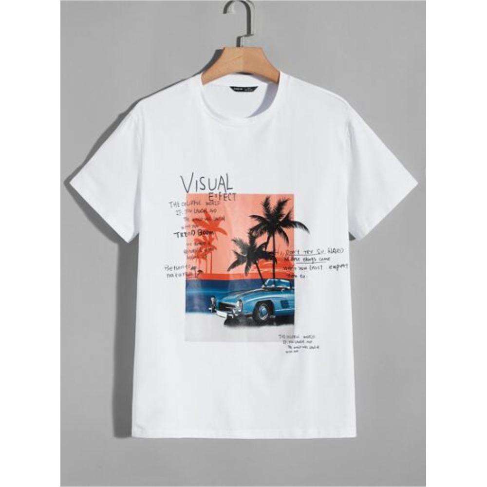 Vintage Palm Car Visual Effect Graphic T-Shirt,Soft Breathable & Fade-Resistant, Classic Fit for Daily Casual Wear