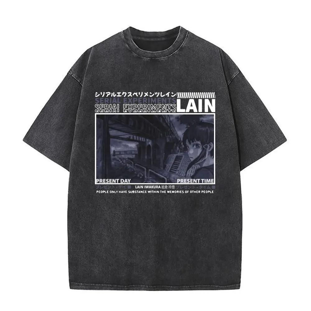 Washed Vintage Anime Serial Experiments Lain Face Graphic Tshirt Manga Girl Sci Fi Yk T Shirt Men Women Cotton Retro Tshirts