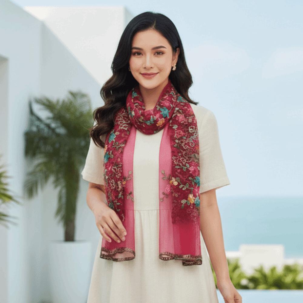 Lightweight Ethnic Sheer Shawl Embroidered Long Lace Scarf Boho Floral Headwrap  Holiday Gift