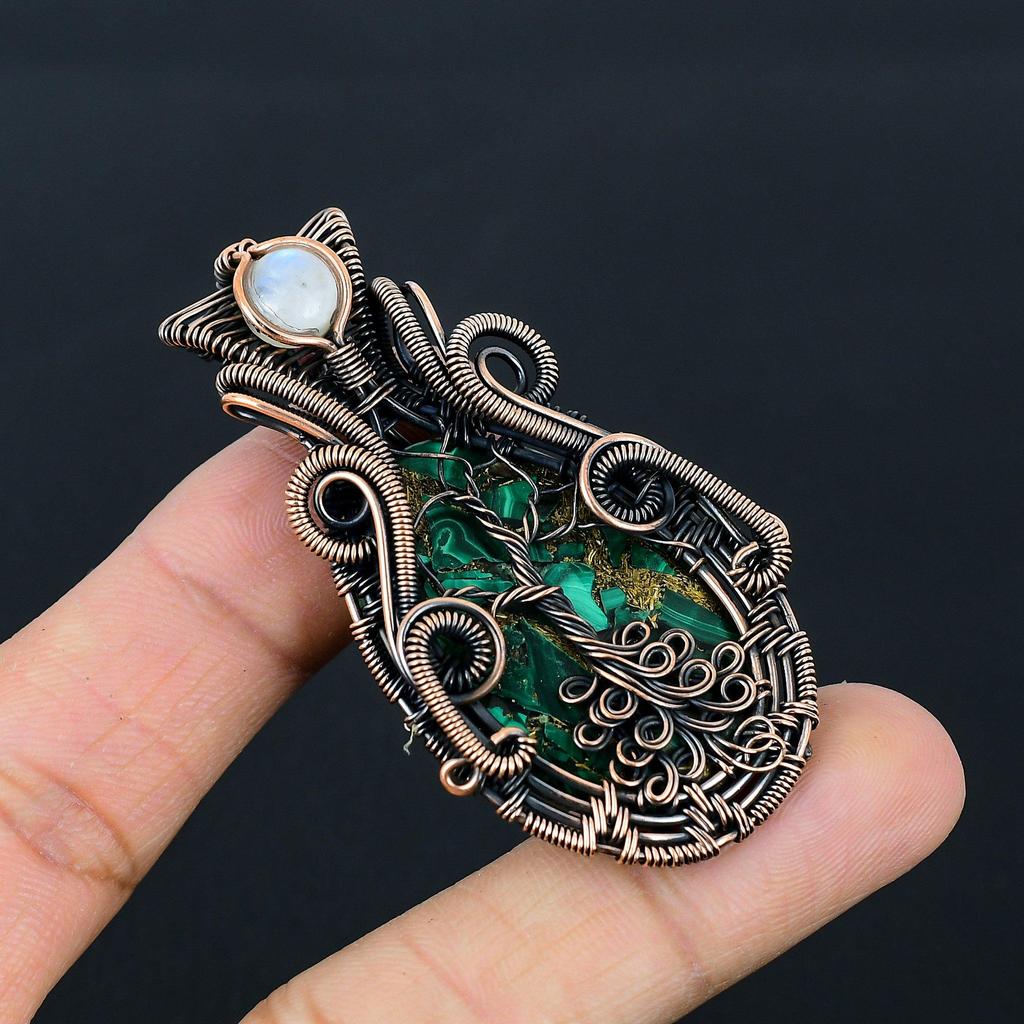 Copper Malachite & Moonstone Gemstone Pure Copper Wire Wrap Handmade Jewelry Pendant