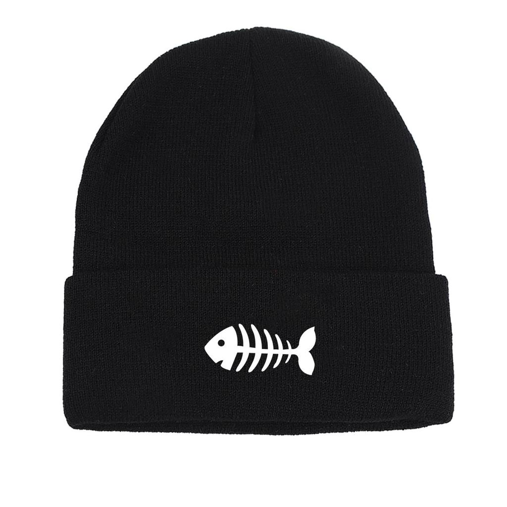 White Fish Bones Warm Knitted Cap Beanie, Skull Cap Windproof Cancer Chemo Unisex Headwear Knit Cap Beanie