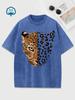 Washed Cotton T-shirt Women's Leopard Tiger Cartoon Print Short Sleeve T Shirt Graphic Tee Round Neck Top Casual Vintage