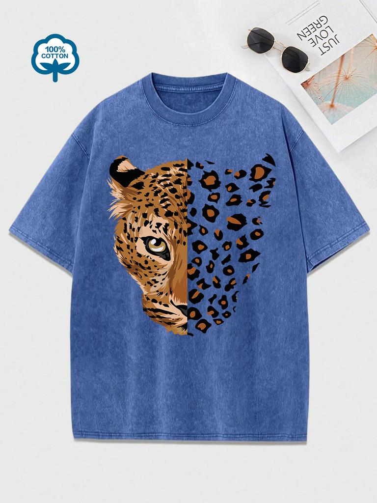 Washed Cotton T-shirt Women's Leopard Tiger Cartoon Print Short Sleeve T Shirt Graphic Tee Round Neck Top Casual Vintage