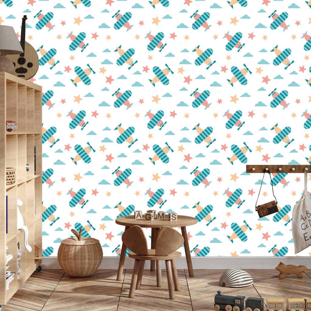 Wallpaper Colorful airplanes and clouds stars for living room and bedroom 50x1000