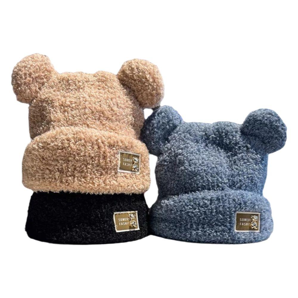Cute Bear Ear Plush Beanie Hat Solid Color Winter Beanie Cap Knitted Warm Cap  Outdoor Activities