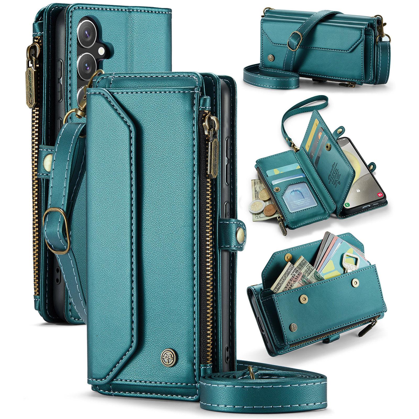 

For Samsung Galaxy S24 Leather Case CASEME C36 Zipper Multiple Card Slots Phone Cover with Straps Green
