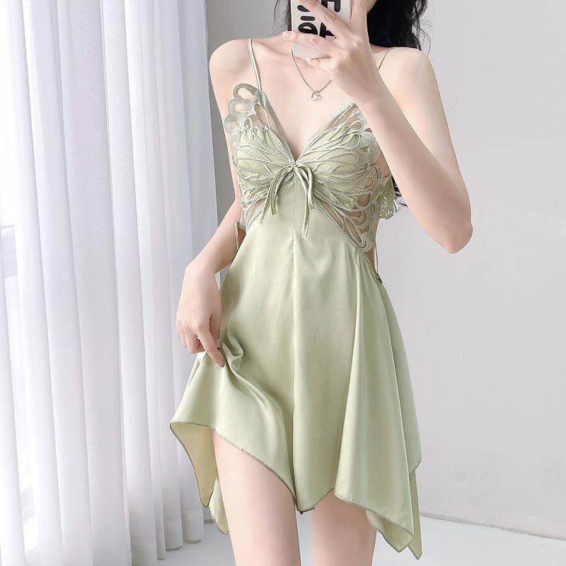 New Female Sexy Nightdress Ice Silk Suspender Thin Pajamas Spring and Summer Lace Lace Dress Live Supply
