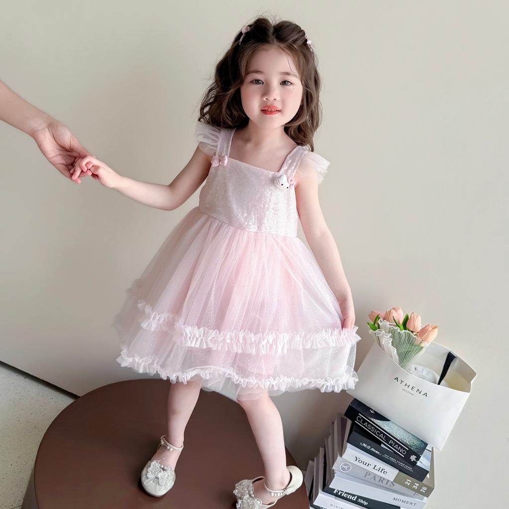 Children's dress, summer girls' camisole vest dress, stylish 2026 new style, flying sleeve sequined princess mesh dress