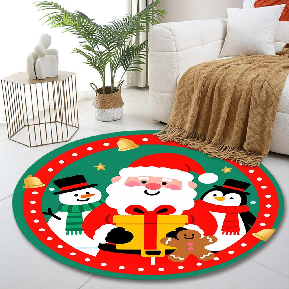 Santa, Snowman, and Penguin Festive Scene Print round rug, living room, bedroom, playroom carpet, non slip floor mat, gift