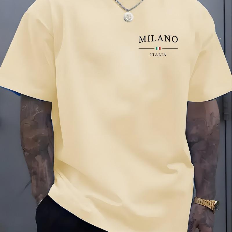 Men's Summer 100% Pure Cotton Fashionable Sports Casual Loose MILANO ITALIA Pattern Printed Round Neck Short Sleeved T-shirt Top