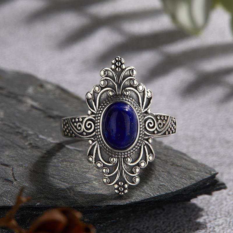 Retro Personality S925 Sterling Silver Inlaid Natural Blue Gold Kyanite Color Baotai Silver Ring Female Nepalese Style Open Ring