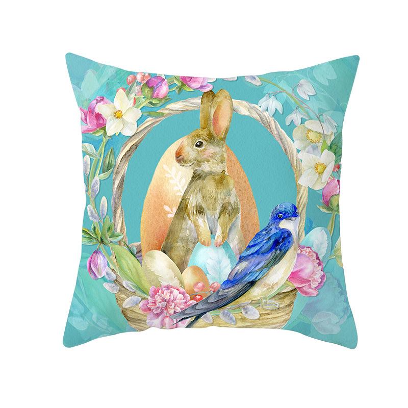 Easter Peach Velvet Cushion Cover Lake Blue Series Rabbit Egg Print Cushion Cover