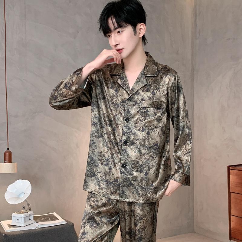 New Printed Men's Pajamas Spring and Autumn Ice Silk Long-sleeved Trousers Suit Men's Summer High-end Loungewear