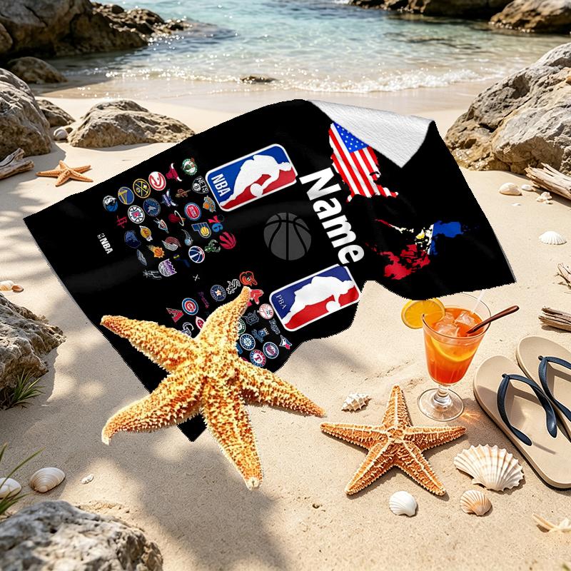 Custom Name Personalized NBA Print Beach Towel, for Trip Camping Beach Party Home Decor, Birthday Gift for Family & Friends