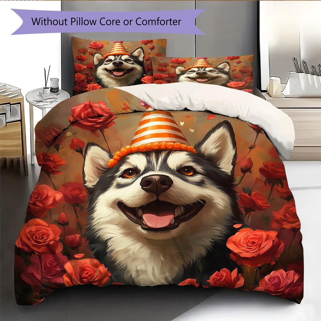 Rose Dog Pattern Bedding Quilt Set Home Decoration Gift (1 * duvet cover + 2 * pillowcase without core)