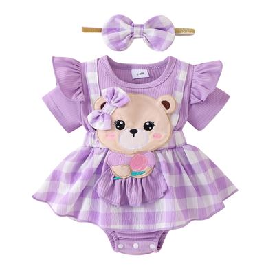 Baby Girl Plaid Romper Dress Bear Patch Fake Two-Piece Ruffle Short Sleeve Bodysuit with Bow Headband 2 Pcs Summer Outfit