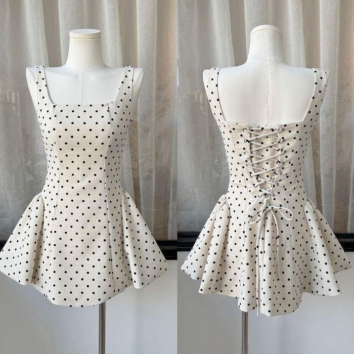 Women Polka Dot Suspender Back Lace Up High Waist A Line Mini Dress S