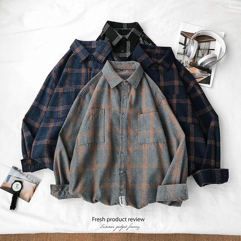 2023 New Men's Clothing Shirt Long Sleeve Square Collar Spring Autumn Loose Fashion Casual Plaid All-match Button Tops