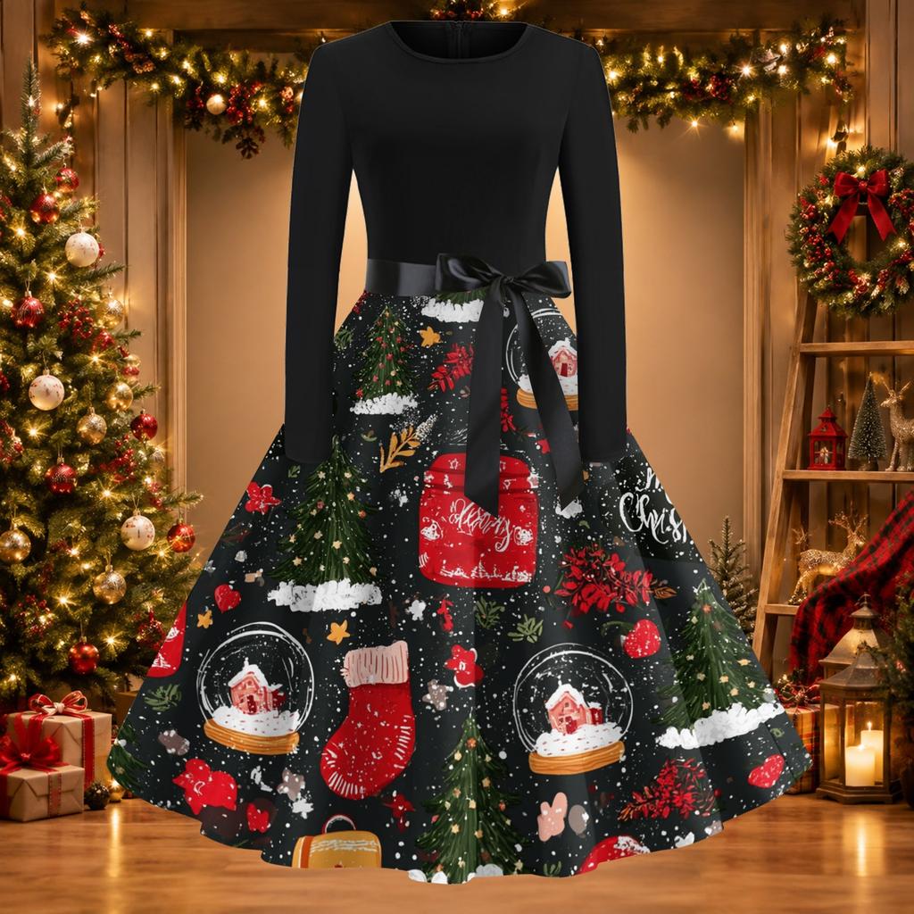 Women's Vintage Christmas Print Round Neck Casual Dress