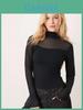 Damen Langarm Basic T-Shirt mit transparentem Einsatz und hohem Kragen für Freizeitkleidung
