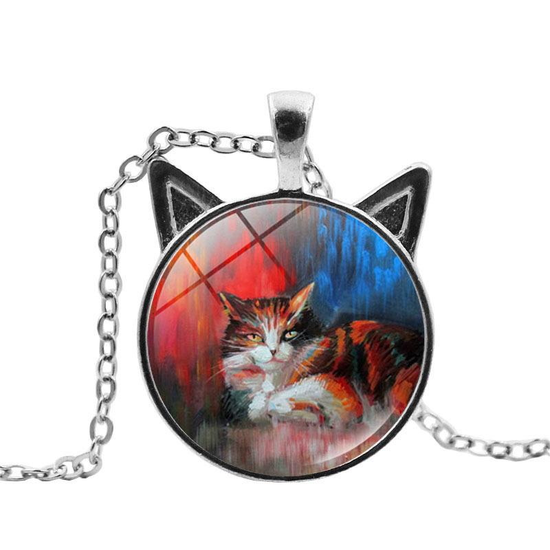 Van Gogh Starry Sky Starry Night Kitten Necklace Women's Versatile Black Cat Ear Pendant European and American