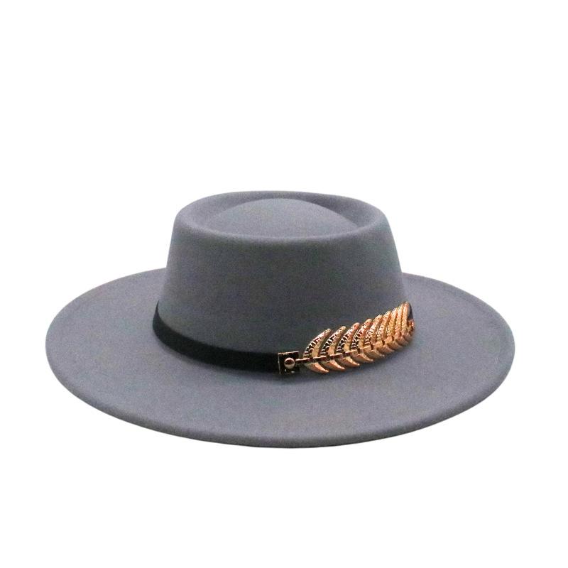 Female Autumn And Winter British Retro Top Hat Jazz Hat French Socialite Hepburn Style Belt Buckle Tweed Wide Brim Flat Top Hat