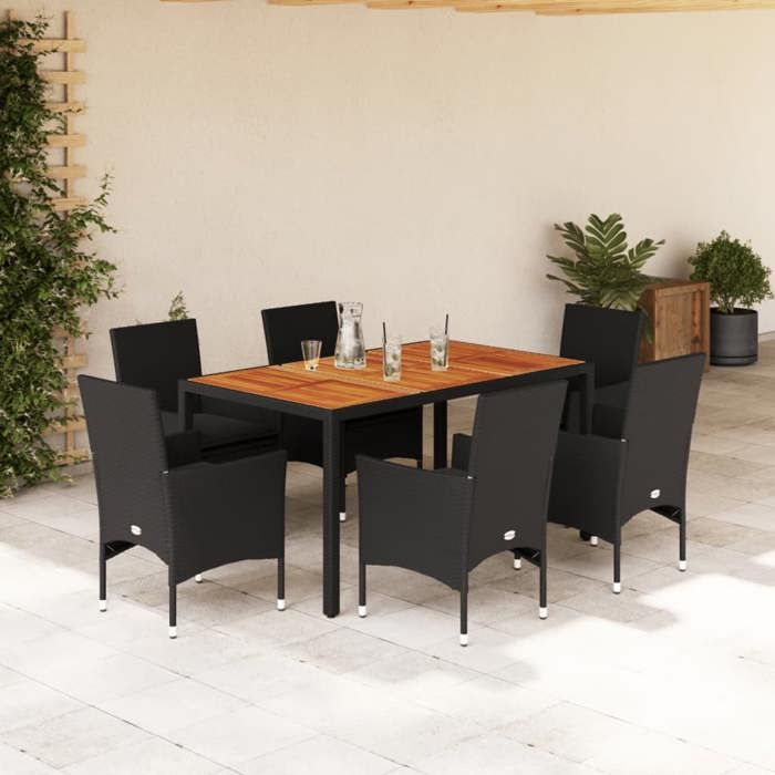 VidaXL Garden Dining Set and Cushions 7pcs Black Rattan Acacia, Outdoor Dining Set, Furniture of 3278672