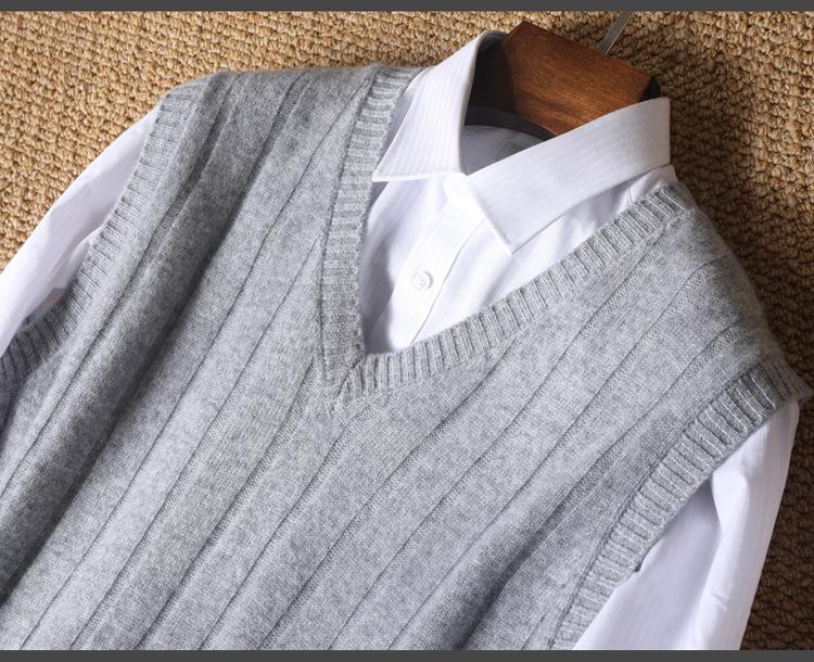 Men's 100% Pure Wool V-Neck Thickened Sleeveless Knit Vest - Solid Color, Ribbed, Slimming, Warm