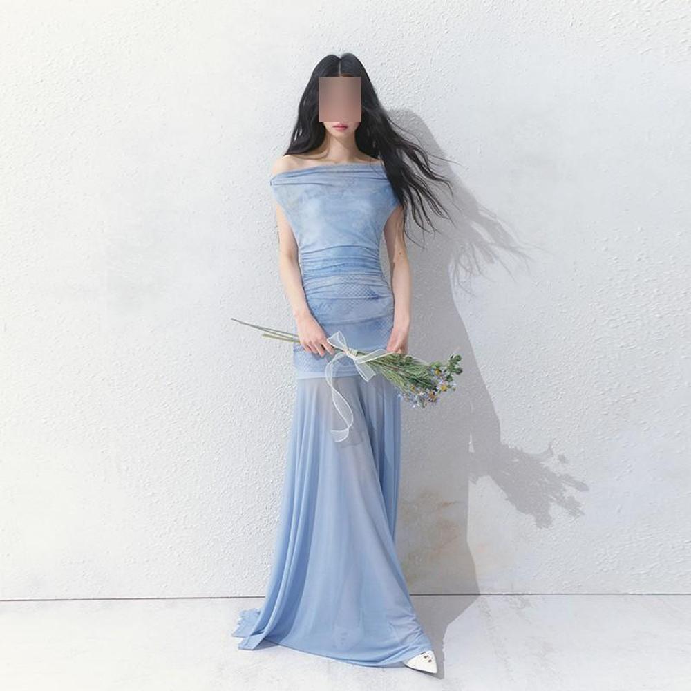 

Wind sexy slanted shoulder slim hip long dress super beautiful dress summer versatile seaside vacation style XL- (recommended 110-60kg)