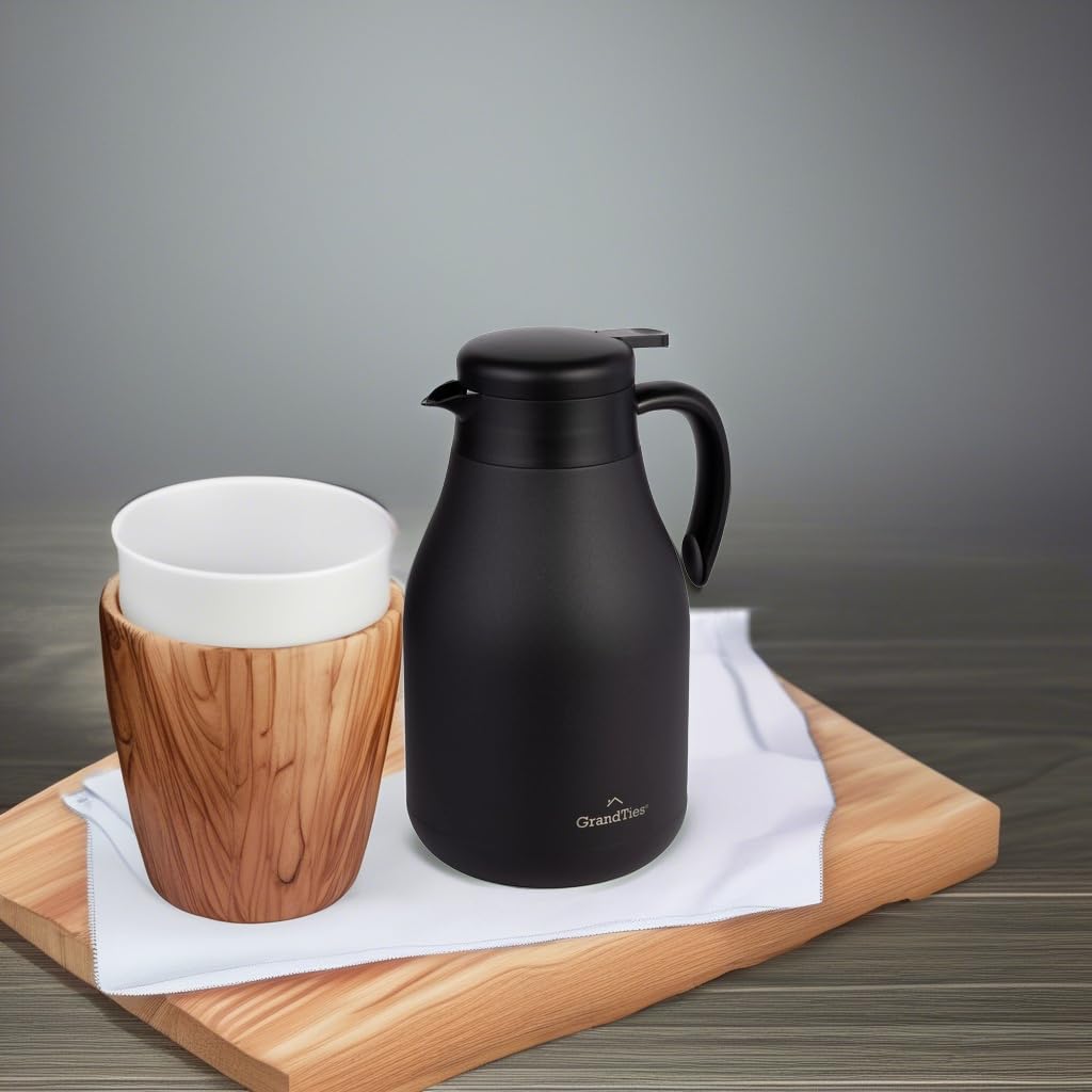 GrandTies 61 Stainless Steel Thermal Coffee Carafe - Insulated Double-Walled Vacuum Coffee Thermos, Coffee Pot, Hot Water Dispenser, 12-Hour Warmth